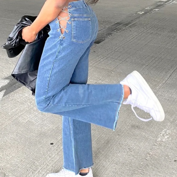 NWT Colorful Natalie Kyla Wide Leg Chain side lace-up jeans Size Large - Picture 3 of 5